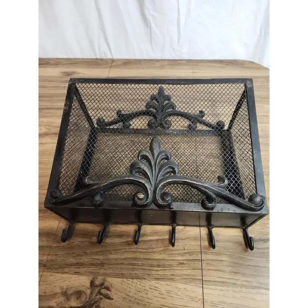 Vintage Black Hanging Wall Basket Storage Wrought Iron (?) Hooks Entry Way...